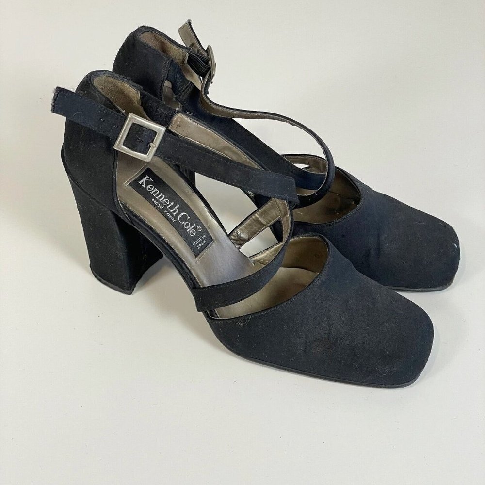 Kenneth Cole Womens Vintage Leather Pumps Black 8.5B Criss Cross Straps 90s Y2K‎